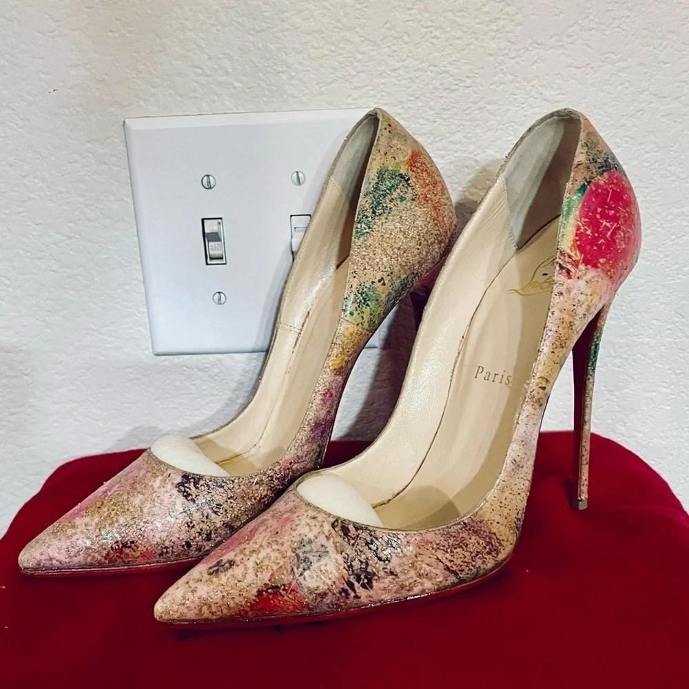 Christian Louboutin So Kate, Multicolor Abstract Cork Glitter Pumps, EU39